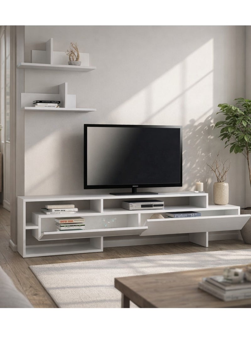 Mourah Home Gara Tv Unit Up To 60'' Inch Tvs With 2Shelf | 2Door And 2Tier Cabinet | Tv Cabinet | 180X29.8X42 Cm| White - Image 3