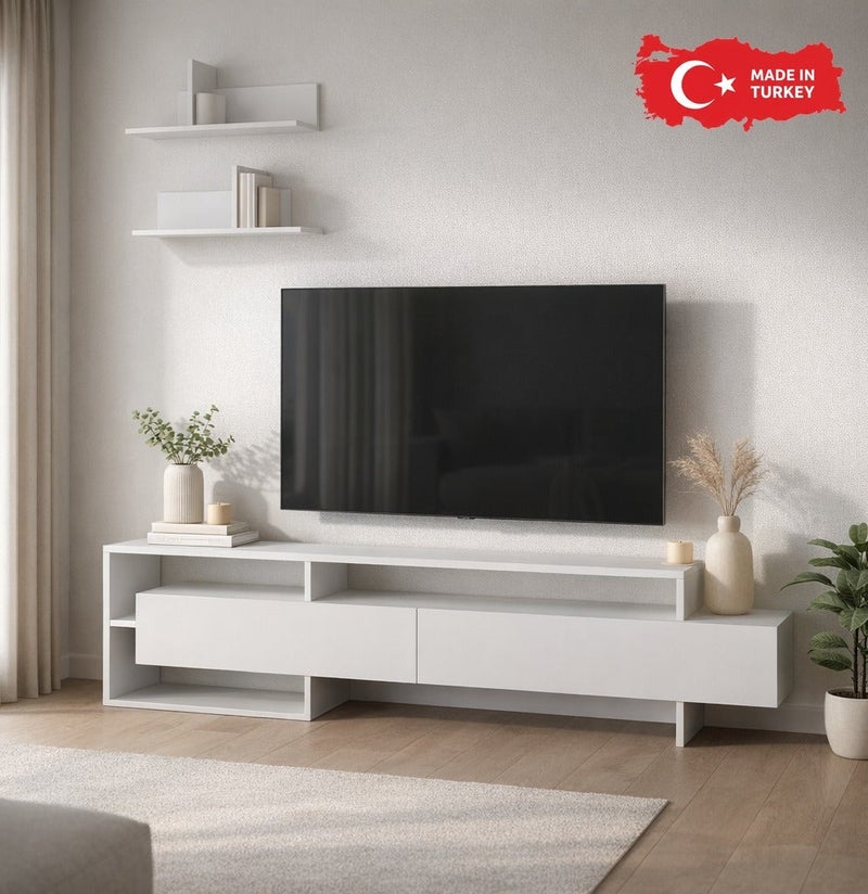 Mourah Home Gara Tv Unit Up To 60'' Inch Tvs With 2Shelf | 2Door And 2Tier Cabinet | Tv Cabinet | 180X29.8X42 Cm| White- 2 Years Warranty - Image 1
