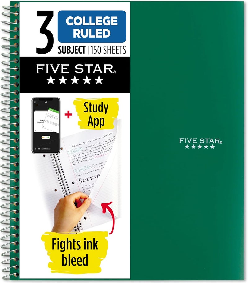Five Star 3 Subject Spiral Notebook with Study App, College Ruled, 150 Sheets, Green - Image 1