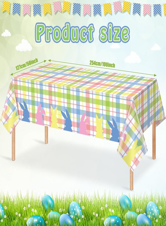 Jectivs 3Pcs Spring Easter Buffalo Plaid Checkered Tablecloth Decorations,Plastic Bunny Watercolor Pink Blue Yellow Green Pastel Disposable Table Cover for Spring Birthday Easter Party Supplies,54 x 108 Inch - Image 2
