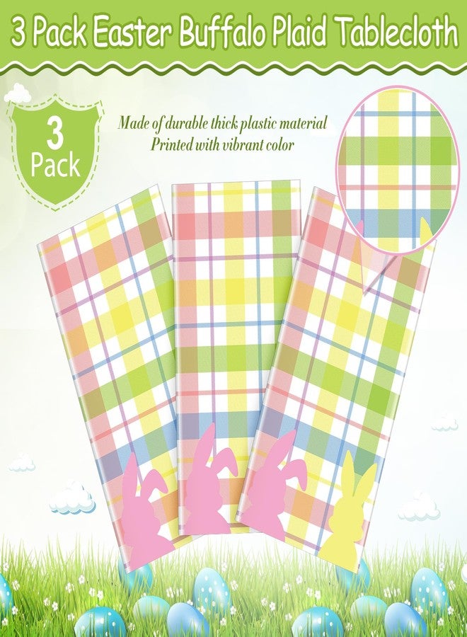 Jectivs 3Pcs Spring Easter Buffalo Plaid Checkered Tablecloth Decorations,Plastic Bunny Watercolor Pink Blue Yellow Green Pastel Disposable Table Cover for Spring Birthday Easter Party Supplies,54 x 108 Inch - Image 4