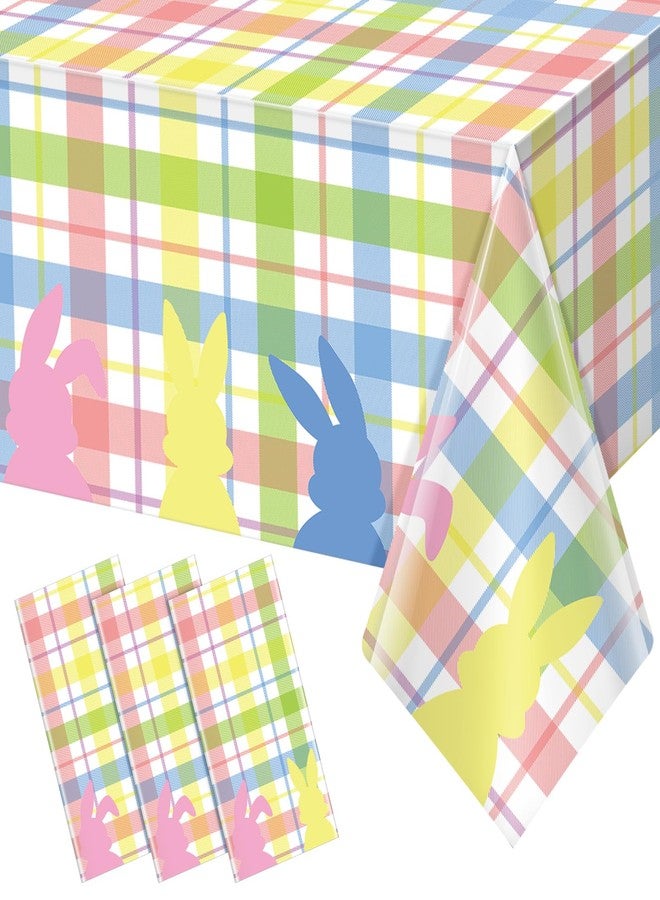 Jectivs 3Pcs Spring Easter Buffalo Plaid Checkered Tablecloth Decorations,Plastic Bunny Watercolor Pink Blue Yellow Green Pastel Disposable Table Cover for Spring Birthday Easter Party Supplies,54 x 108 Inch - Image 1