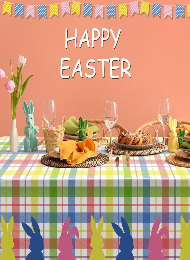 Jectivs 3Pcs Spring Easter Buffalo Plaid Checkered Tablecloth Decorations,Plastic Bunny Watercolor Pink Blue Yellow Green Pastel Disposable Table Cover for Spring Birthday Easter Party Supplies,54 x 108 Inch - Image 5
