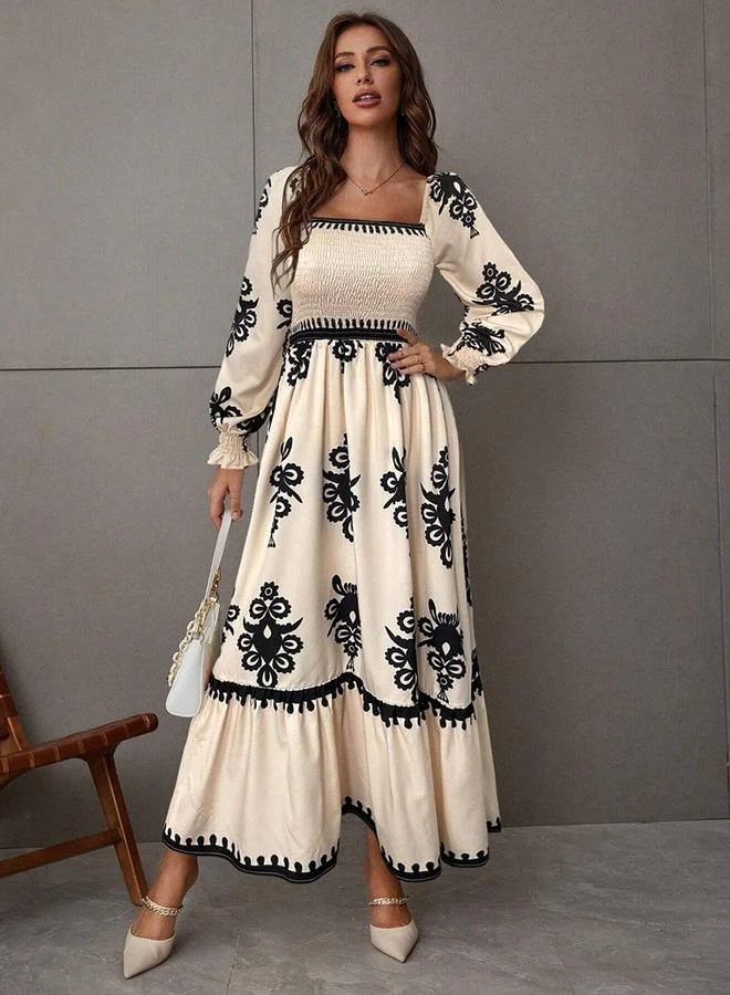 Take Two Women Beige Printed Square Neck Maxi Dress