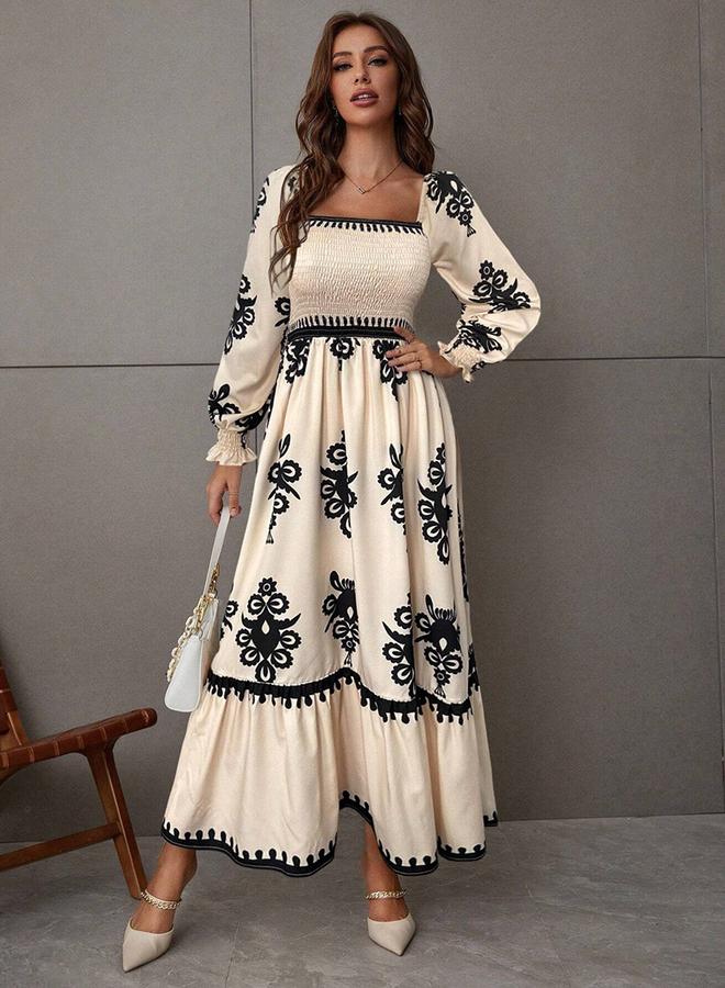 Take Two Women Beige Printed Square Neck Maxi Dress - Image 1