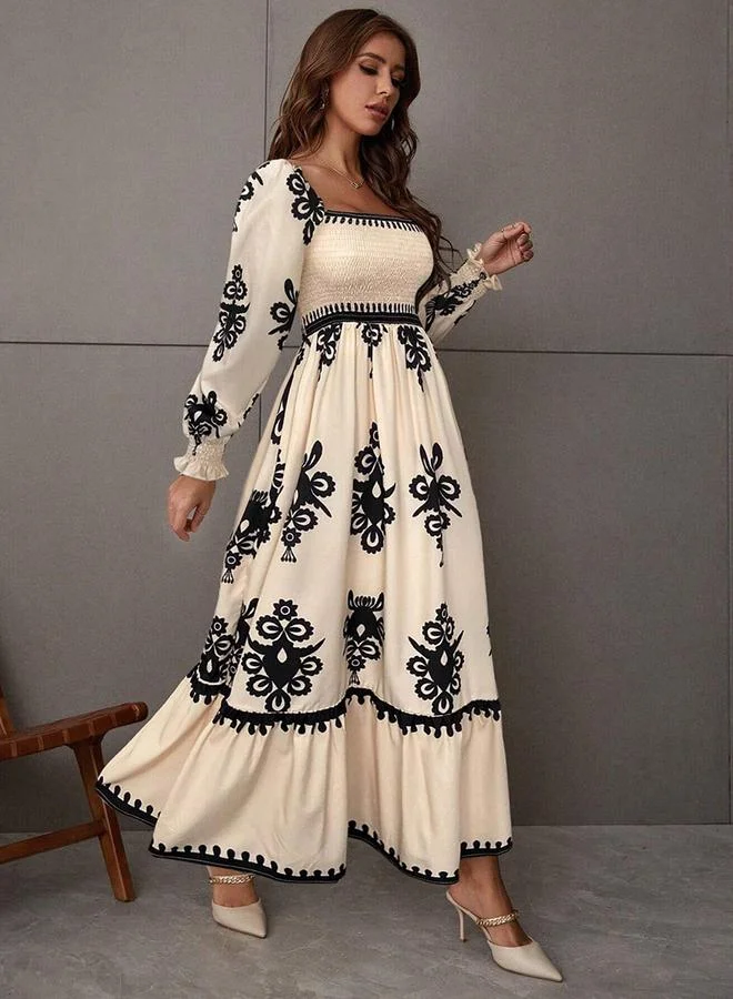 Take Two cream Women Beige Printed Square Neck Maxi Dress for Women | Best Price UAE