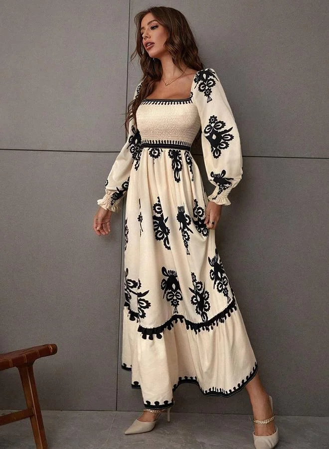 Take Two cream Women Beige Printed Square Neck Maxi Dress for Women | Best Price UAE