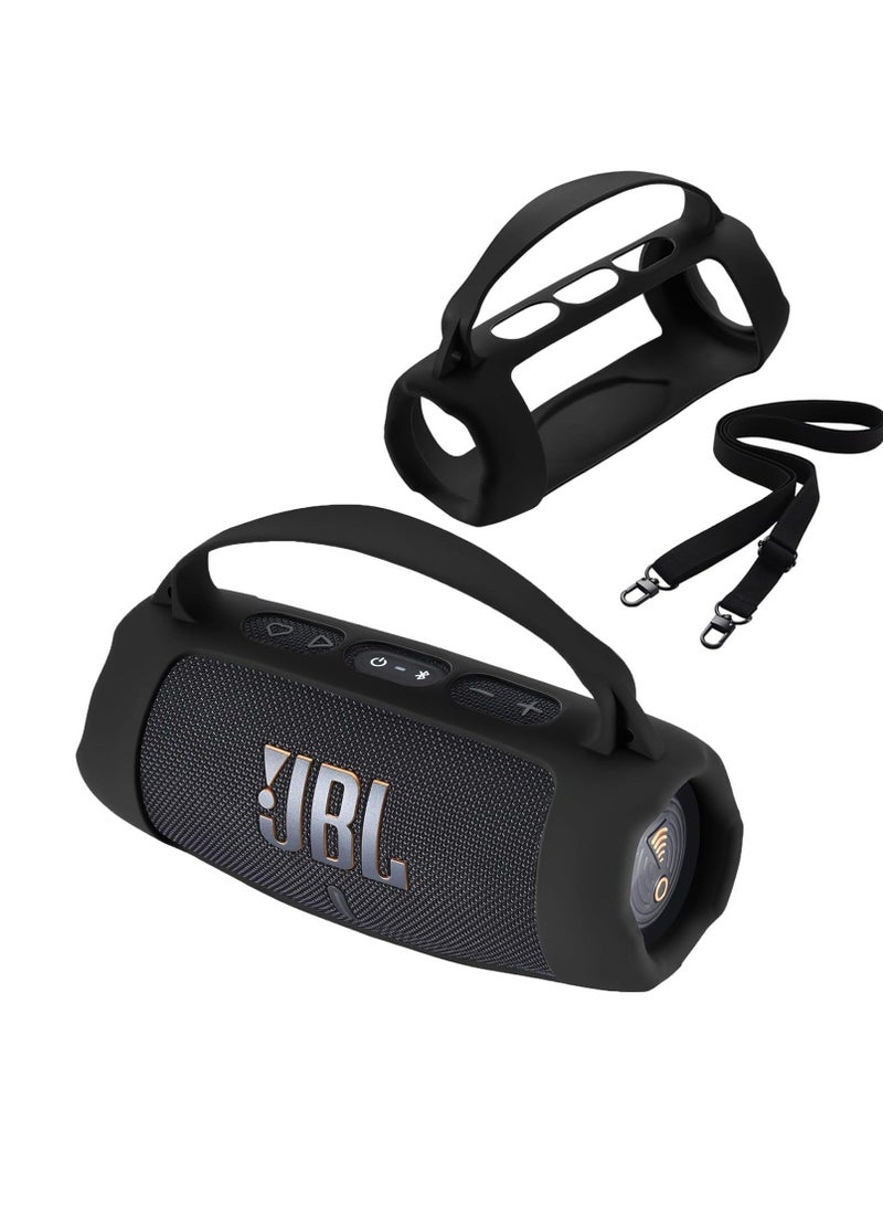 Silicone Case Compatible with JBL Charge 5/Charge 5 Wi-Fi Wireless Bluetooth Speaker, Travel Shipping Shoulder Strap for Speaker (Black) - Image 1