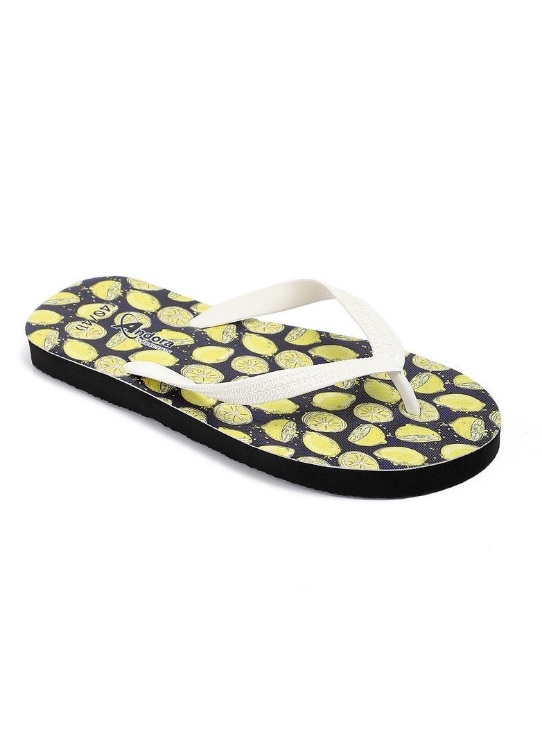 Andora - Lemon Printed Summer Flip Flops - Black & Yellow - Image 1