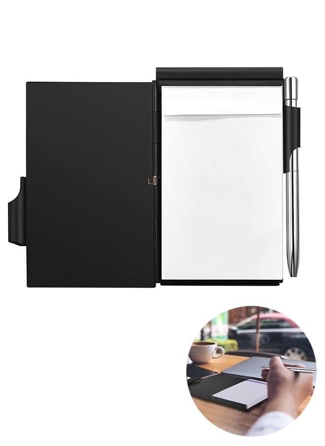MXN Metal Pocket Notebook with Pen and 60 Refillable Paper, Aluminum Flip Office Notebook Mini Notepad Holder, Small Journal with Pen Holder for Office Supplies (Black)  - Image 1