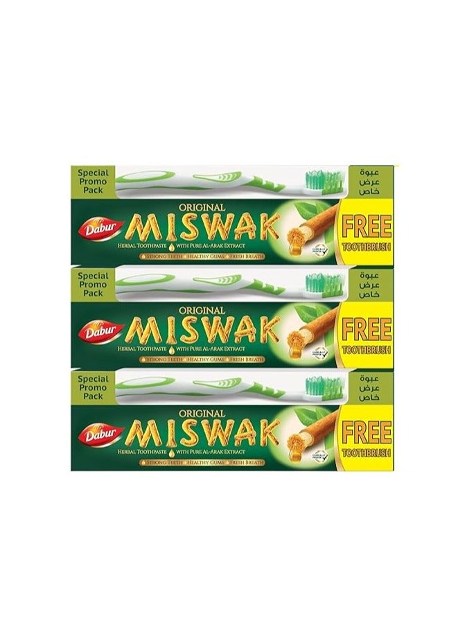 Dabur Original Miswak Toothpaste with Assorted color brush (3 x 190g) | Formulated With Pure Herbal Extracts Of Al Arak For Healthy Gums & Fresh Breath Pack of 3  - Image 1