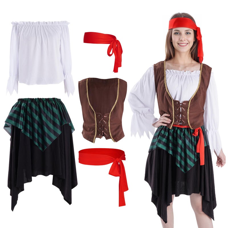 mifengda Pirate Costume for Women Adult Pirate Accessories Halloween Renaissance Costumes Outfit with White Shirt Skirt Vest Belt Headscarf for Women Girl - Image 1