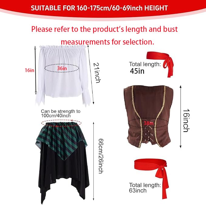 mifengda Pirate Costume for Women Adult Pirate Accessories Halloween Renaissance Costumes Outfit with White Shirt Skirt Vest Belt Headscarf for Women Girl - Image 2