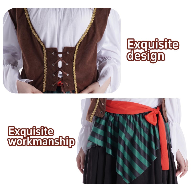 mifengda Pirate Costume for Women Adult Pirate Accessories Halloween Renaissance Costumes Outfit with White Shirt Skirt Vest Belt Headscarf for Women Girl - Image 3