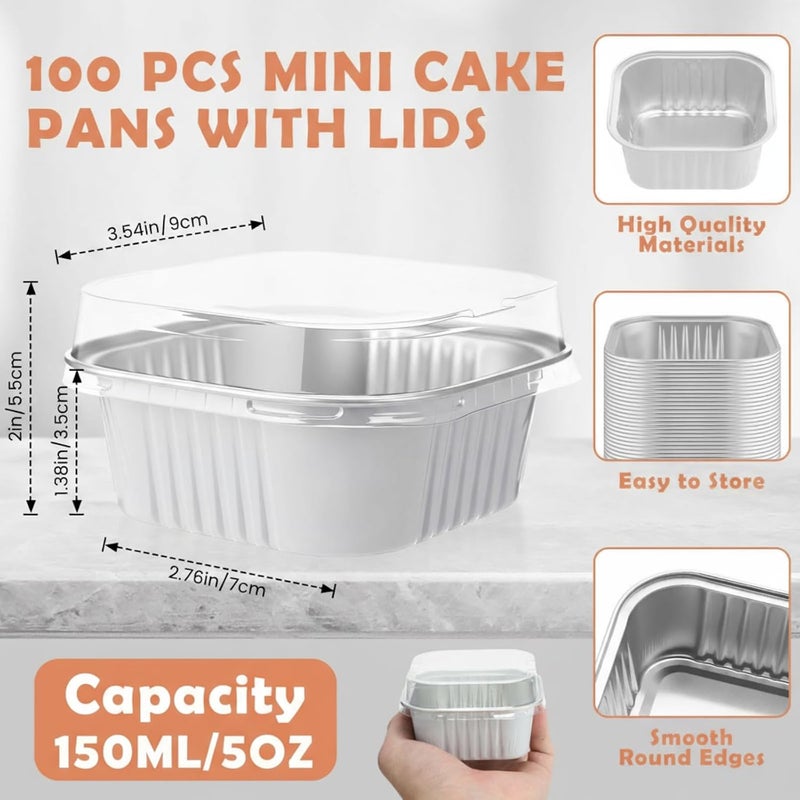 Skylety 100 Pcs 5 oz Mini Square Baking Pan with Lid Aluminum Foil Cupcake Pan Brownie Baking Cup Disposable Ramekins Individual Tin Dessert Containers for Kitchen (White) - Image 2