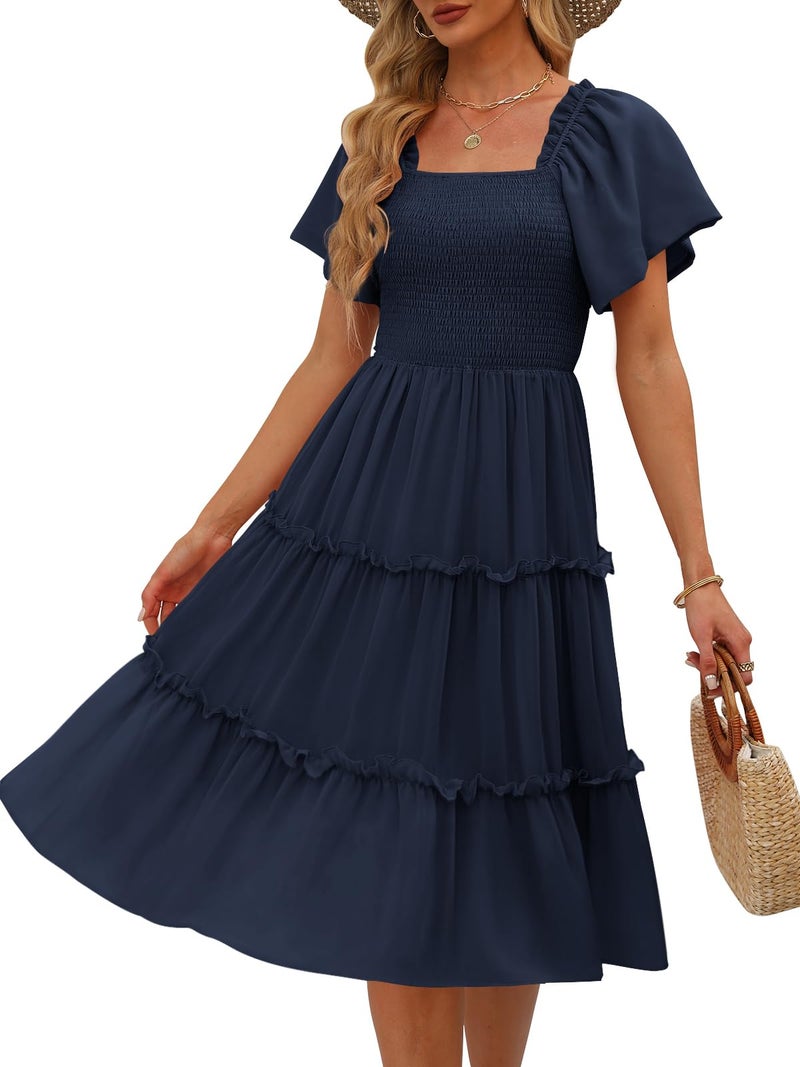 LILLUSORY Women Dresses Spring Summer 2026 Midi Graduation Bridal Baby Shower Casual Flowy Boho Sun Sundress Bridesmaid Brunch Cute Ladies Vacation Beach Smocked Teacher Clothes Outfits Navy Blue M - Image 1