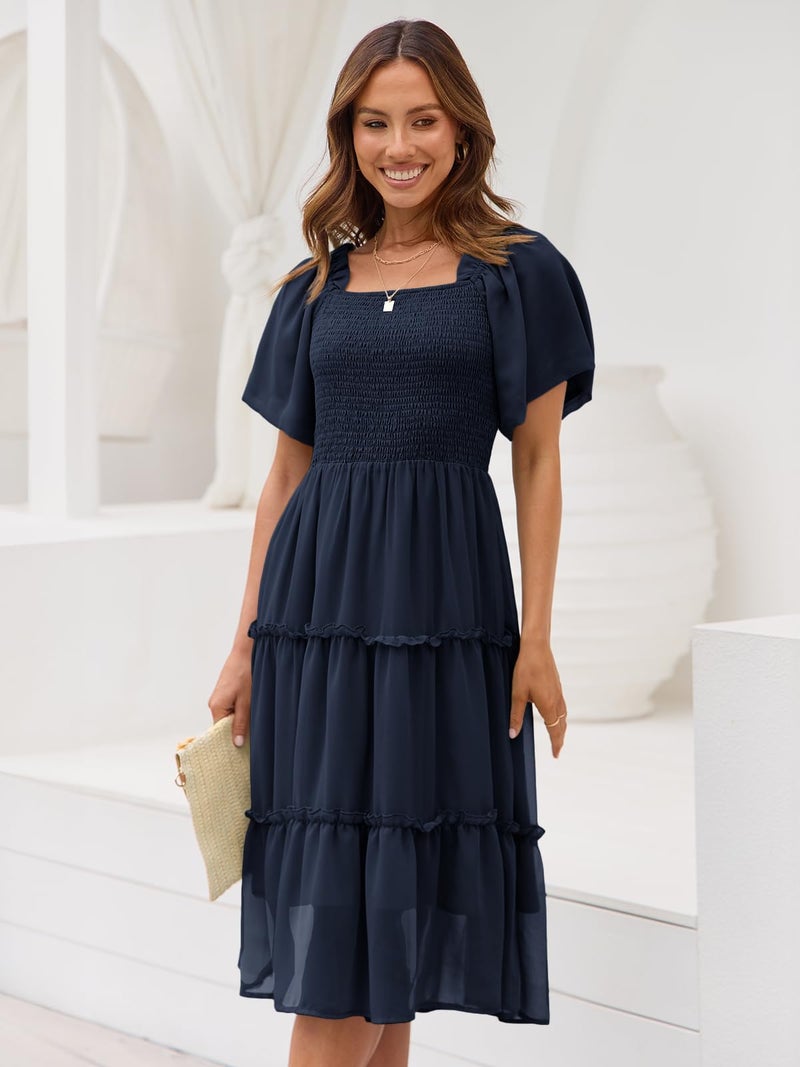 LILLUSORY Women Dresses Spring Summer 2026 Midi Graduation Bridal Baby Shower Casual Flowy Boho Sun Sundress Bridesmaid Brunch Cute Ladies Vacation Beach Smocked Teacher Clothes Outfits Navy Blue M - Image 2