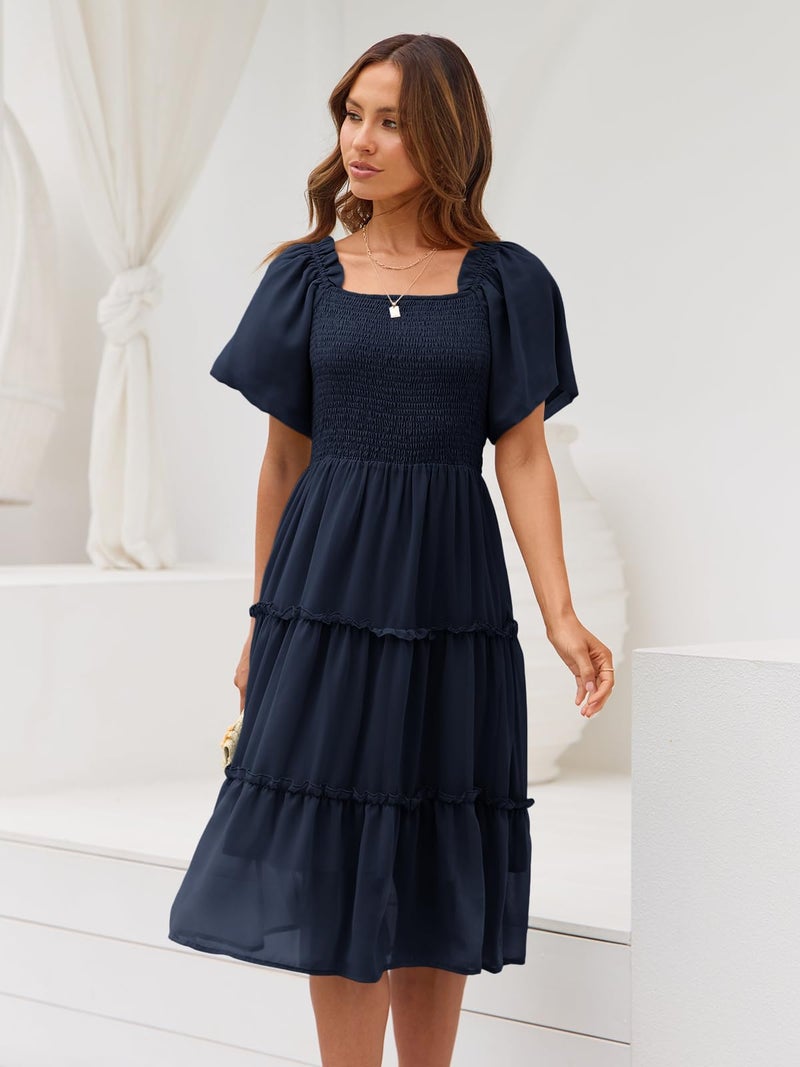 LILLUSORY Women Dresses Spring Summer 2026 Midi Graduation Bridal Baby Shower Casual Flowy Boho Sun Sundress Bridesmaid Brunch Cute Ladies Vacation Beach Smocked Teacher Clothes Outfits Navy Blue M - Image 3
