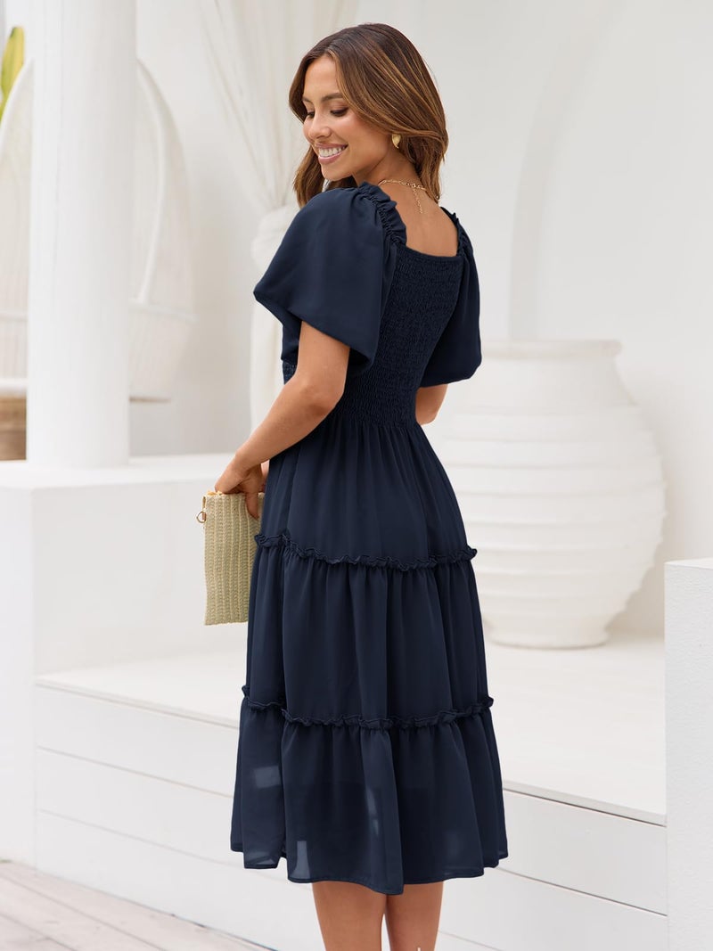 LILLUSORY Women Dresses Spring Summer 2026 Midi Graduation Bridal Baby Shower Casual Flowy Boho Sun Sundress Bridesmaid Brunch Cute Ladies Vacation Beach Smocked Teacher Clothes Outfits Navy Blue M - Image 4