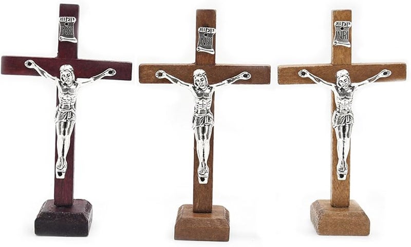 Wooden Standing Cross Catholic Crucifix Statue For Home Table Church Decor - Image 1