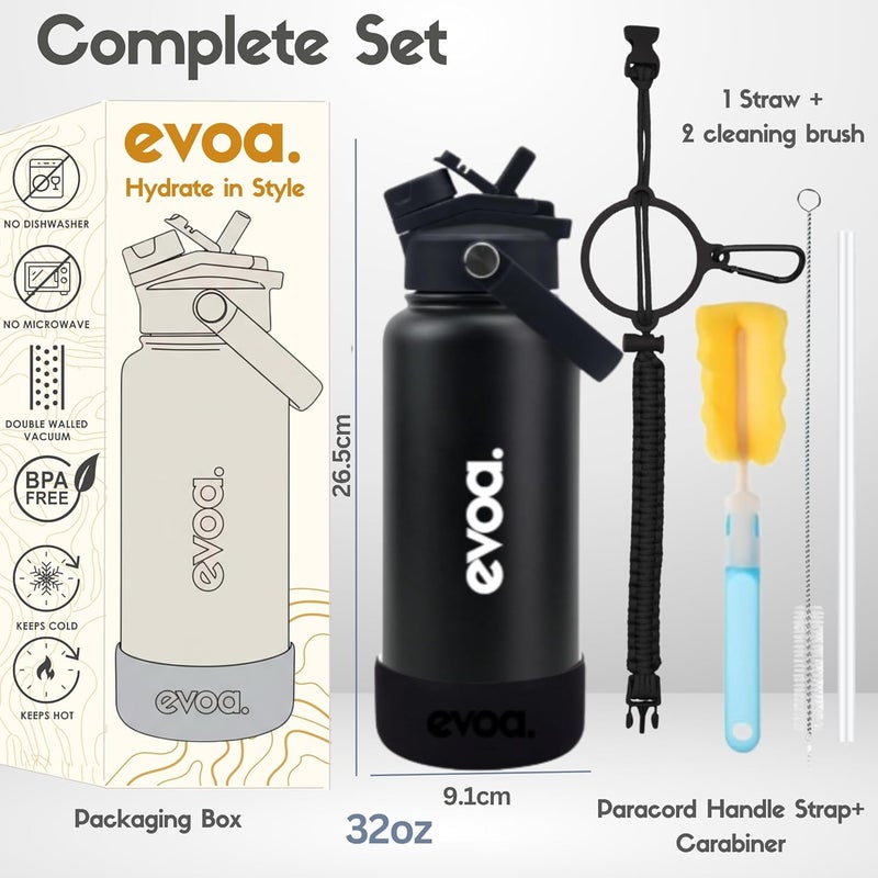 Oceanic evoa. 1000ml Premium Insulated Double Wall Stainless Steel Water Bottle, 2-in-1 Lid with Straw & Spout, Leak-Proof, Keeps Drinks Cold or Hot, 32oz Water Bottle for Gym, Outdoo (Classic Black) - Image 2