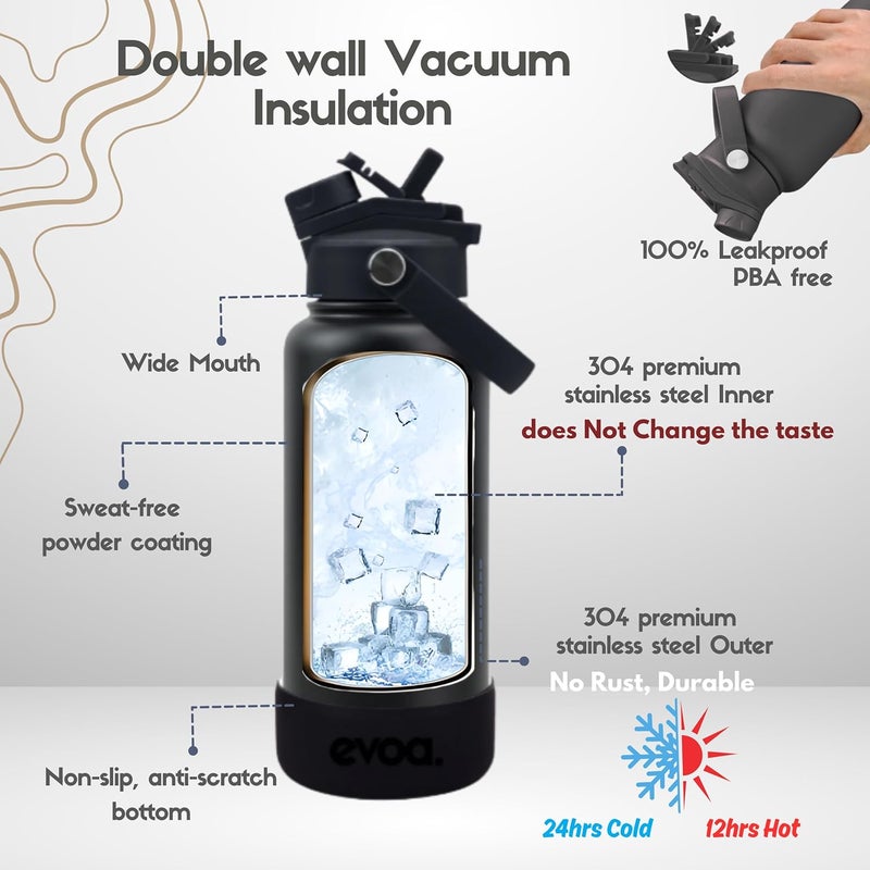Oceanic evoa. 1000ml Premium Insulated Double Wall Stainless Steel Water Bottle, 2-in-1 Lid with Straw & Spout, Leak-Proof, Keeps Drinks Cold or Hot, 32oz Water Bottle for Gym, Outdoo (Classic Black) - Image 4