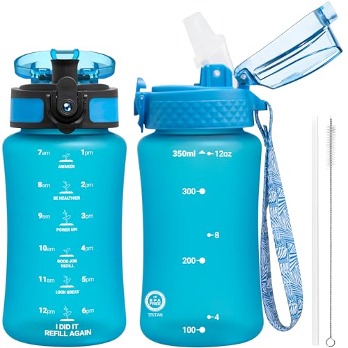OLDLEY Kids Water Bottle for School 12 oz 2 lids BPAFree Reusable Leakproof Durable Tritan Plastic Water Bottles with Straw  Chug Lids Antidust Spout Cover Blue