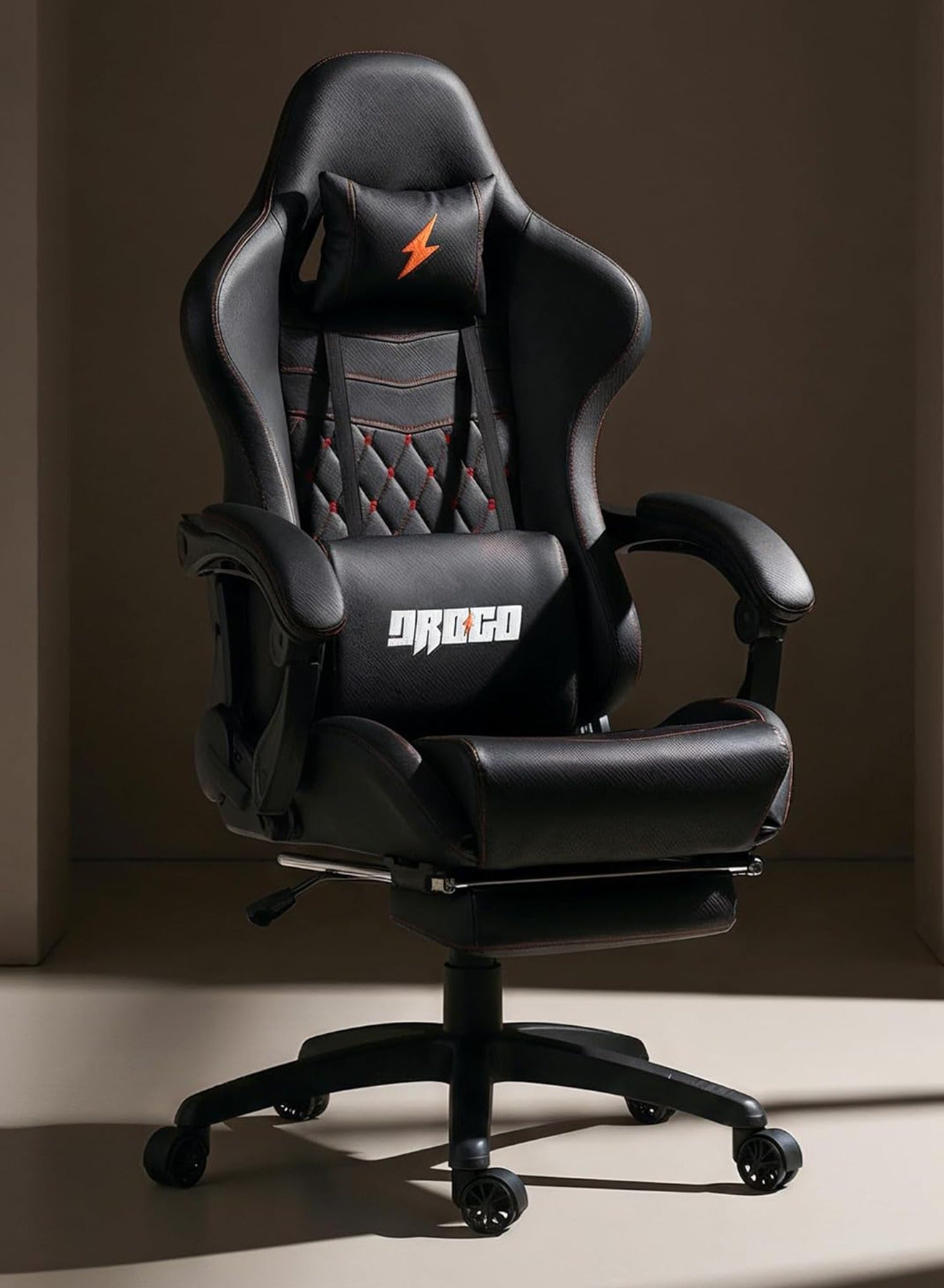 Gaming Chair Drogo Ergonomic with 7 Way adjustable Seat PU Leather Material Desk Chair Head & USB Massager Lumbar Pillow Video Games Chair Home Office Chair with Full Reclining Back Footrest Black