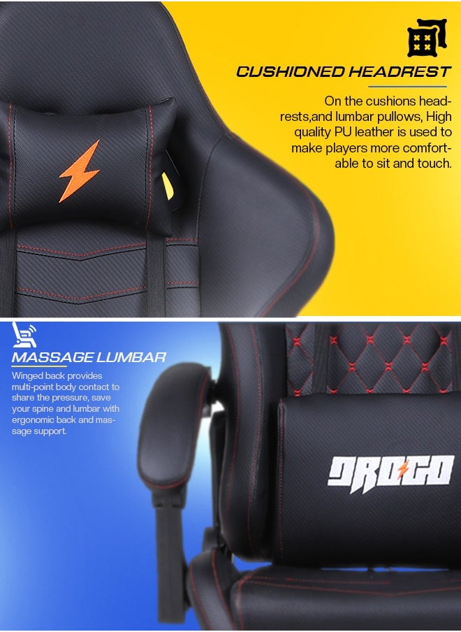 DROGO - Gaming Chair Drogo Ergonomic  with 7 Way adjustable Seat PU Leather Material Desk Chair Head & USB Massager Lumbar Pillow Video Games Chair Home Office Chair with Full Reclining Back Footrest Black - Image 1