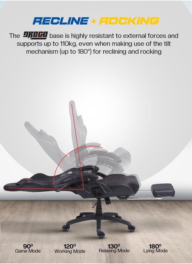 DROGO - Gaming Chair Drogo Ergonomic  with 7 Way adjustable Seat PU Leather Material Desk Chair Head & USB Massager Lumbar Pillow Video Games Chair Home Office Chair with Full Reclining Back Footrest Black - Image 1