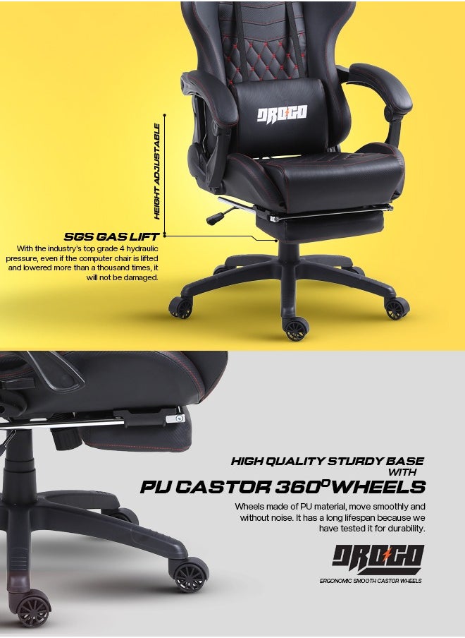 DROGO - Gaming Chair Drogo Ergonomic  with 7 Way adjustable Seat PU Leather Material Desk Chair Head & USB Massager Lumbar Pillow Video Games Chair Home Office Chair with Full Reclining Back Footrest Black - Image 1