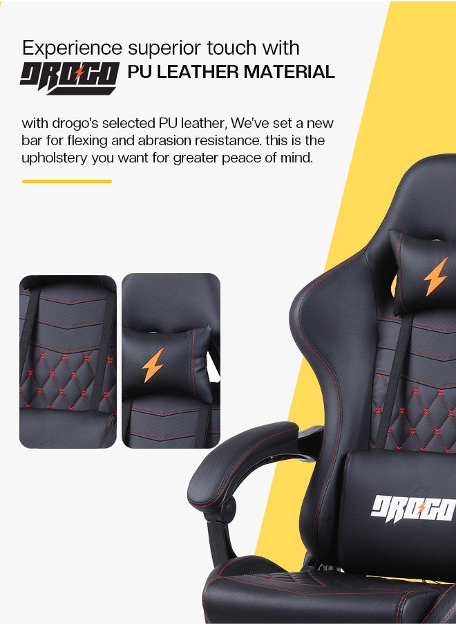 DROGO - Gaming Chair Drogo Ergonomic  with 7 Way adjustable Seat PU Leather Material Desk Chair Head & USB Massager Lumbar Pillow Video Games Chair Home Office Chair with Full Reclining Back Footrest Black - Image 1