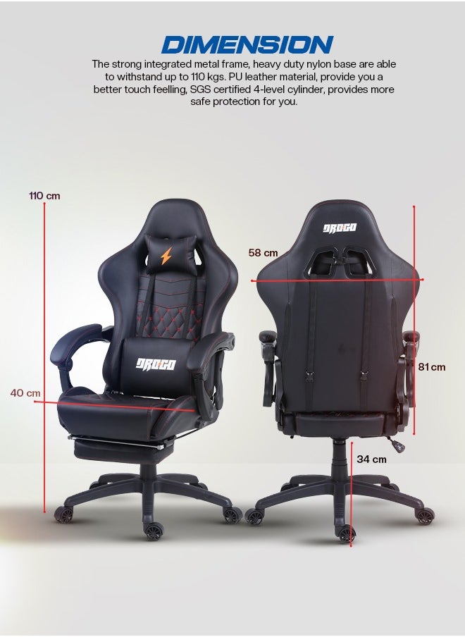 DROGO - Gaming Chair Drogo Ergonomic  with 7 Way adjustable Seat PU Leather Material Desk Chair Head & USB Massager Lumbar Pillow Video Games Chair Home Office Chair with Full Reclining Back Footrest Black - Image 1