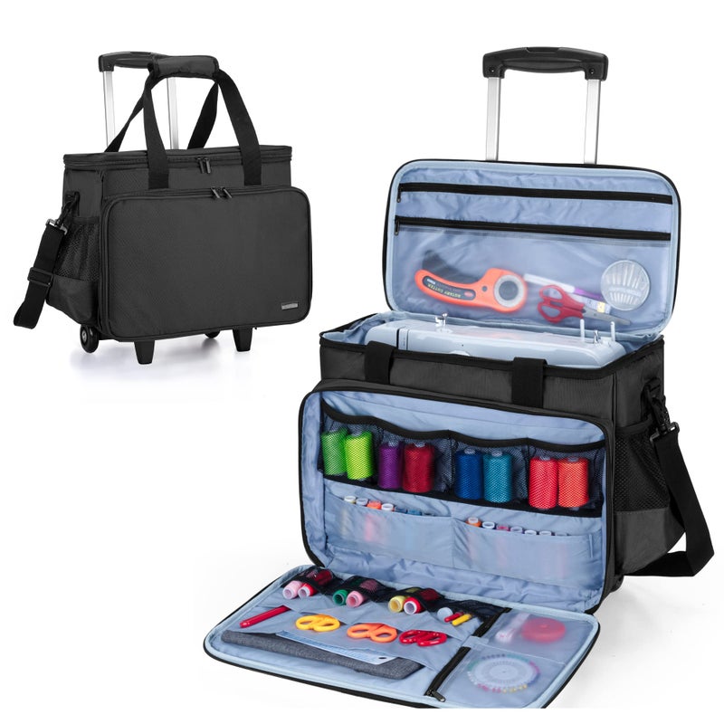 LUXJA Sewing Machine Case with Detachable Dolly and Removable Bottom Pad, Rolling Tote Fits Most Standard Machines, Black - Image 1