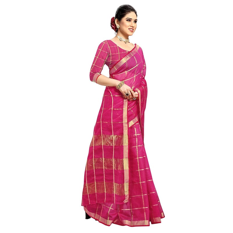 Sidhidata Women's Kota Doria Pure Cotton Saree with Unstitched Blouse Piece in Rani Color - Image 5