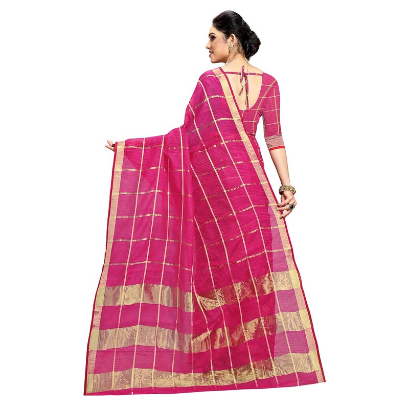 Sidhidata Women's Kota Doria Pure Cotton Saree with Unstitched Blouse Piece in Rani Color - Image 2