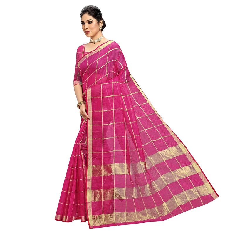Sidhidata Women's Kota Doria Pure Cotton Saree with Unstitched Blouse Piece in Rani Color - Image 4