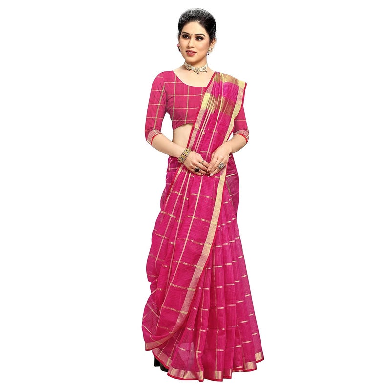 Sidhidata Women's Kota Doria Pure Cotton Saree with Unstitched Blouse Piece in Rani Color - Image 3