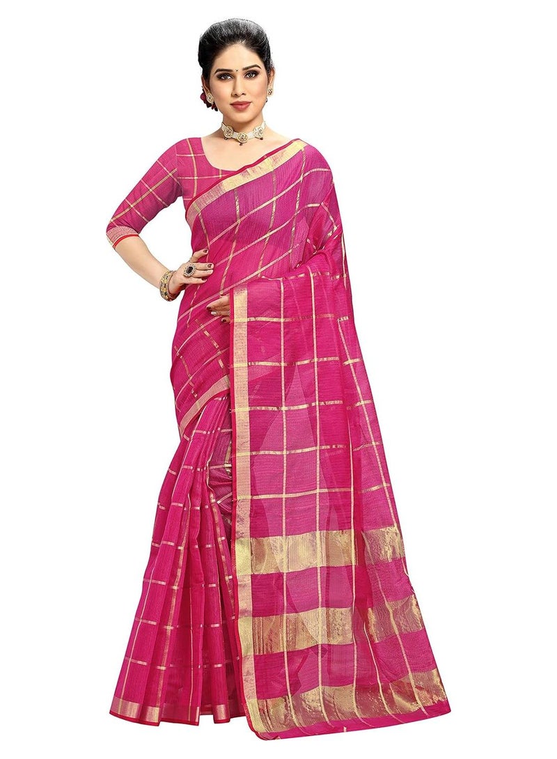 Sidhidata Women's Kota Doria Pure Cotton Saree with Unstitched Blouse Piece in Rani Color - Image 1