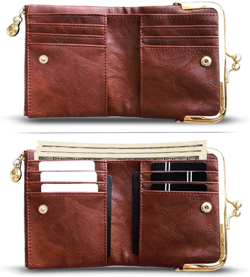 AOXONEL Womens Wallet Small Rfid Ladies Compact Bifold Leather Vintage Coin Purse With Zipper and Kiss Lock - Image 2
