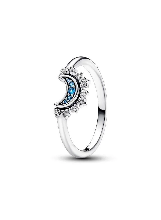 PANDORA Celestial moon sterling silver ring with night blue crystal and clear cubic zirconia