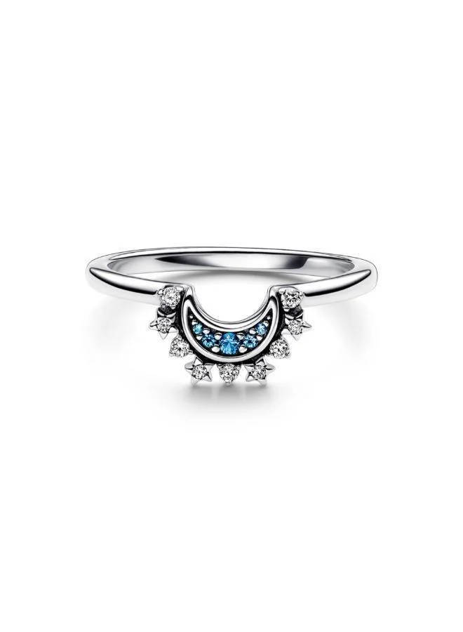 PANDORA Celestial moon sterling silver ring with night blue crystal and clear cubic zirconia
