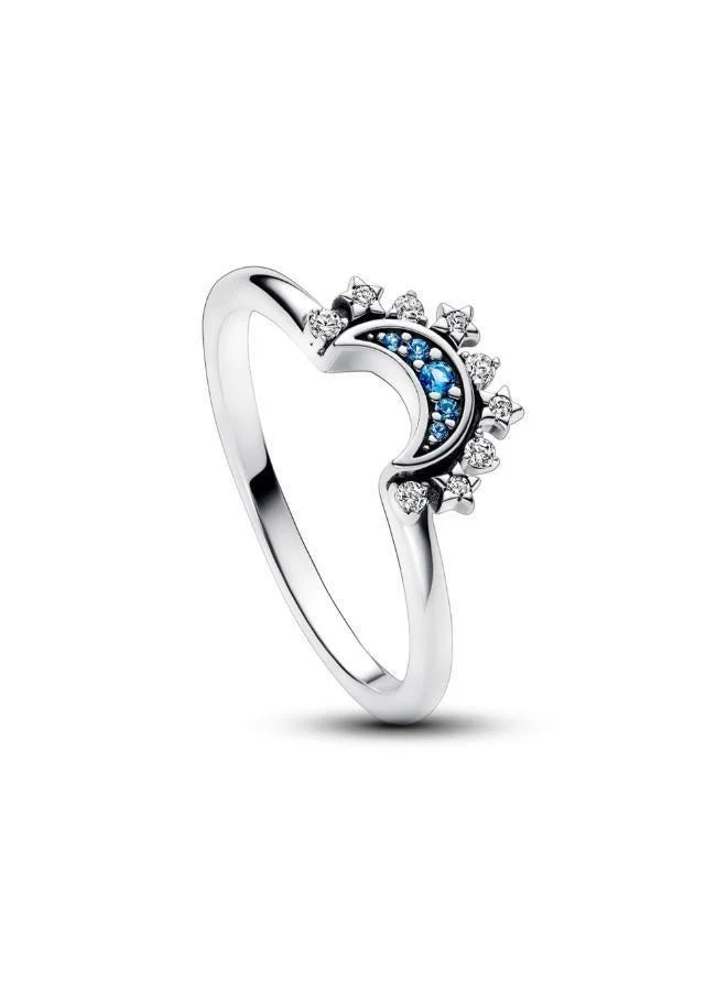 PANDORA  Celestial moon sterling silver ring with night blue crystal and clear cubic zirconia for Women | Best Price UAE