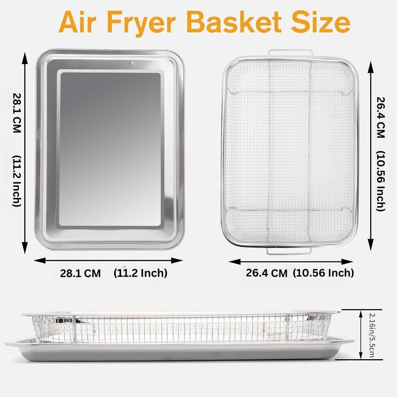 Valajogi 2 Piece Air Fryer Basket with Tray for Oven Stainless Steel Crisper Non-Stick Mesh Set Roasting French Fries-Chicken Crispy Foods Healthy Cooking, Large Fry-Non-Stick Dishwasher Safe (Combo) - Image 2
