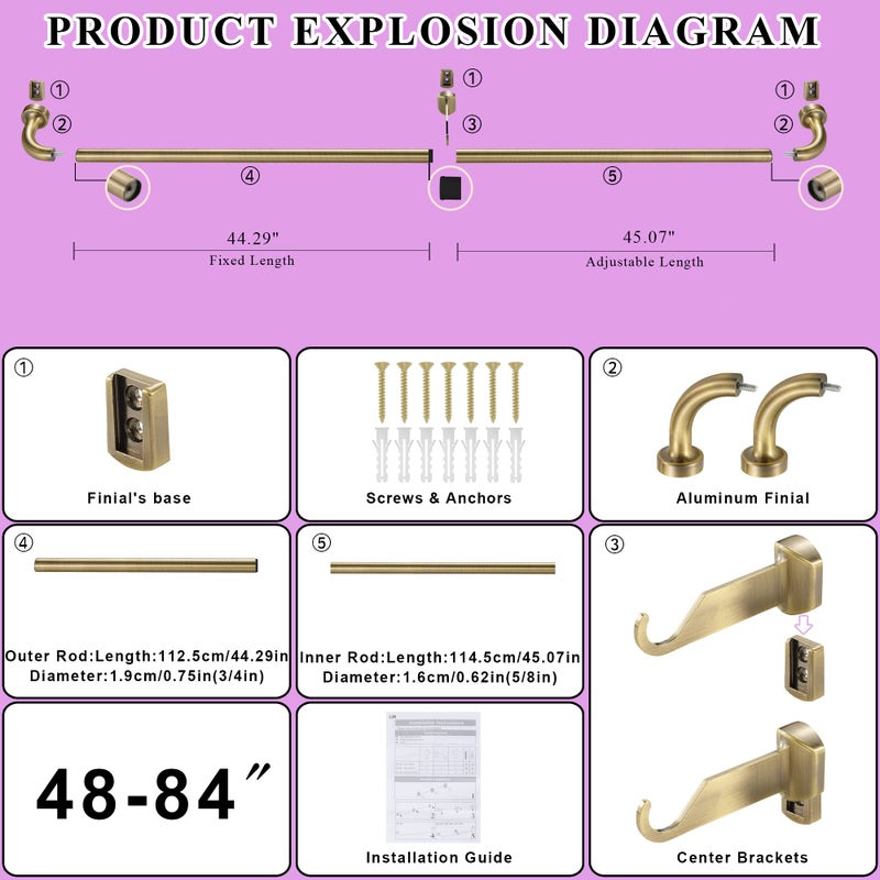 Lwiiom Antique Bronze Disc Curtain Rods, 48-84 Inches Window Curtain Rod,Adjustable Room Darkening Drapery Rod with Aluminum Finials and Brackets,Wrap Around Design - Image 5