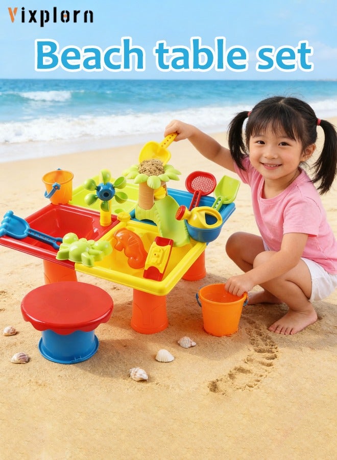 Vixplorn 25pcs Beach Table Toy Set Sand Digging Tool Set Children's Beach Water Play Toys Children's Sand Table (with stool) - Image 1