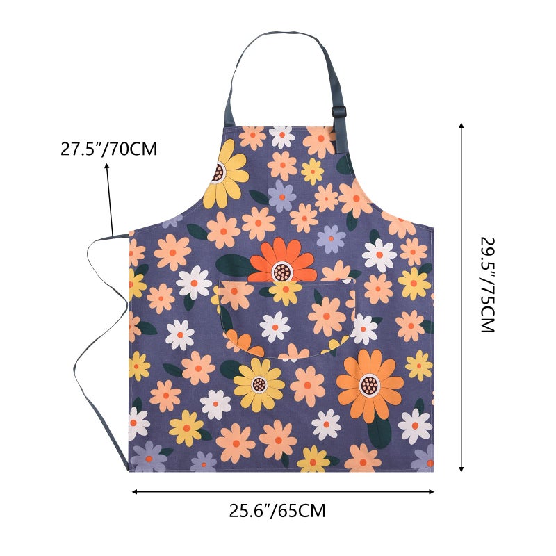 ARBINSON 2 Pack Floral Apron for Women with Pockets, Adjustable Cotton Chef Aprons for Kitchen, Cooking, BBQ & Grill (Blue/Flowers) - Image 2