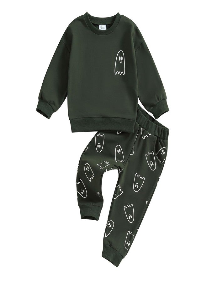 SAYOO Halloween Baby Boy Girl Clothes Funny Ghost Face Pullover Sweatshirt Jogger Pants 2Pcs Fall Holiday Sweatsuits Outfit (Z Dark Green, 3-4T) - Image 1