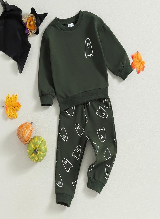 SAYOO Halloween Baby Boy Girl Clothes Funny Ghost Face Pullover Sweatshirt Jogger Pants 2Pcs Fall Holiday Sweatsuits Outfit (Z Dark Green, 3-4T) - Image 2