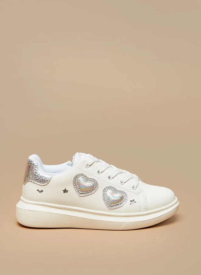 MISSY Girls Heart Applique Sneakers With Lace-Up Closure